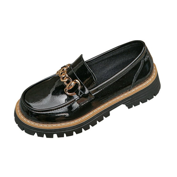 Black Ladies Round Toe Patent Leather Loafers With Low Heel For Everyday Comfort