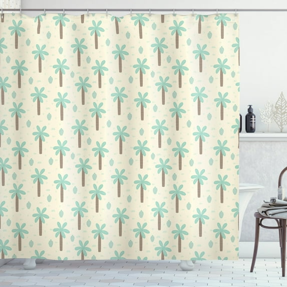 Palm Tree Shower Curtain, Cartoon Style Pattern with Coconut Trees and Cactus Exotic Growth, Fabric Bathroom Set with Hooks, 69W X 84L Inches Extra Long, Cream Cocoa Mint Green, by Ambesonne