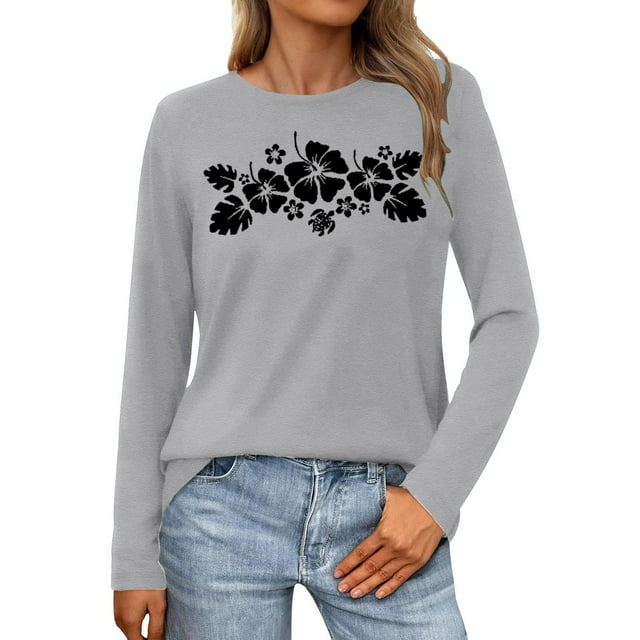 HUITKMM T-Shirts en Coton pour Femmes T-Shirt Décontracté Imprimé à Col Rond à Manches Longues pour Femmes