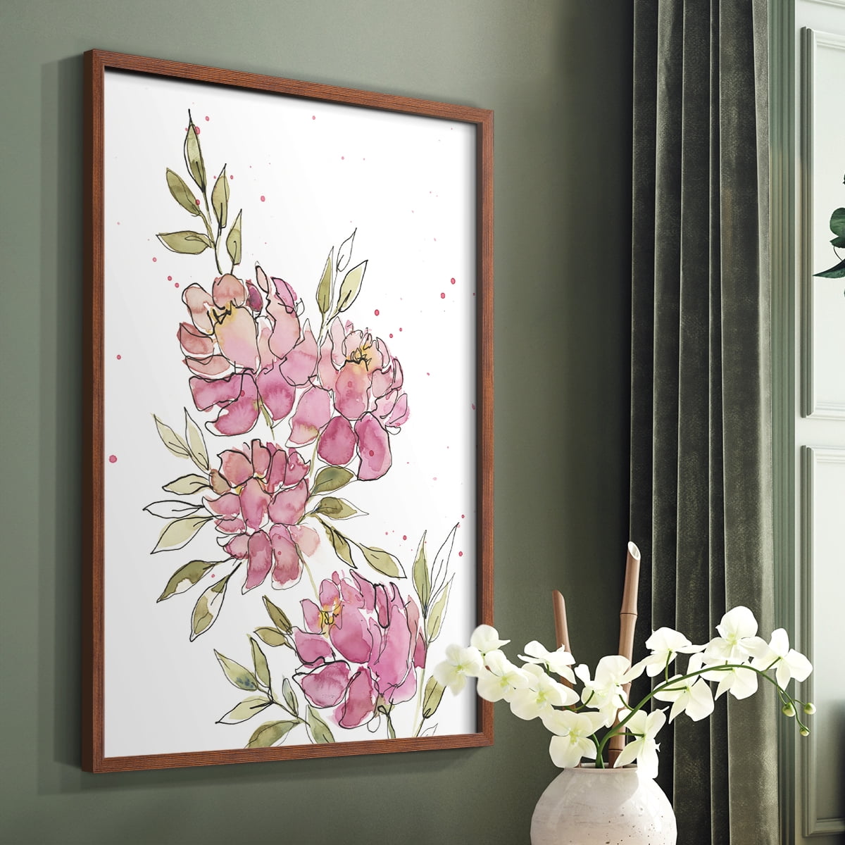 Watercolor Blooms I Framed Print in Brown Solid Wood 8 x 10 Framed Print