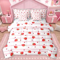 Homewish Cartoon Red Strawberry Twin Bedding Sets 7-Piece for Female Men Adults,Dreamy Princess Bedding Comforter Set Microfiber,Pink Geometric Stripes Breathable Sheet Sets,Ultra Soft Home Decor