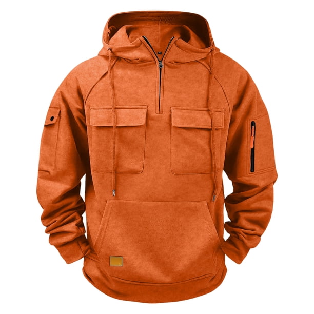Dolkfu Sudadera con capucha de color sólido para hombre, sudadera de fitness con cuarto de cremallera y múltiples bolsillos, ropa deportiva para hombre XL