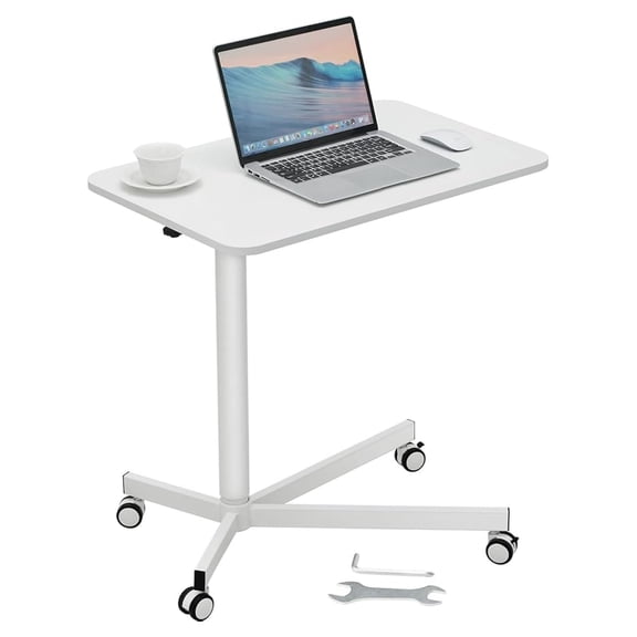 28.5"-44.2" Gas-Spring Height Adjustable Sit-Stand Desk 360° Swivel Wheels (2 Lockable) Portable Rolling Laptop Table Computer Cart for Home Office School, 44LBS Loading, 29.1 x 18.9 inch, White