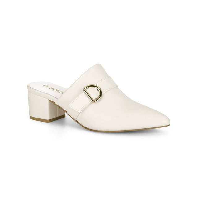 BLISSFUL STEP Women's Shoes Buckle Strap Pointed Toe Chunky Heel PU Vamp Mule Shoes White 7