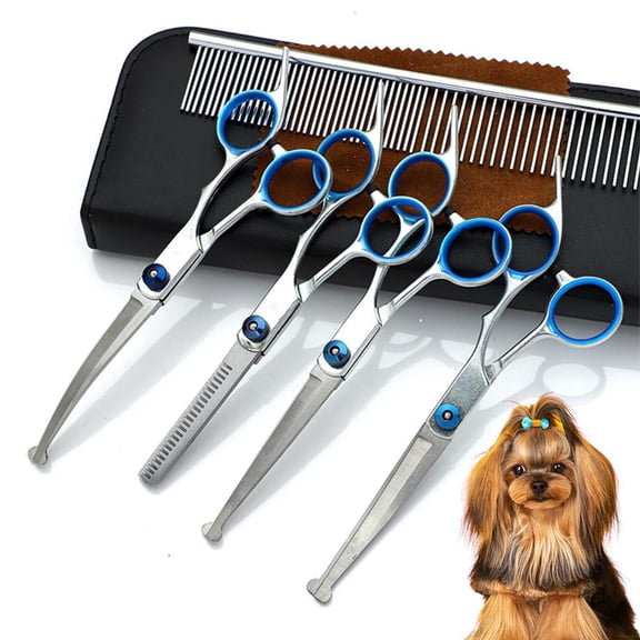5 in 1 Premium Dog Grooming Scissors, Professional Dog Scissors for Grooming with Safety Round Tips, Stainless Steel Thinning Shears, Pet Cat Shears for Grooming Kit, Blue