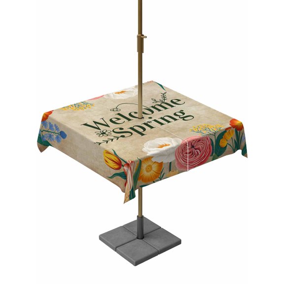 Outdoor Tablecloth with Umbrella Hole for Patio/Picnic/Party/Camping, Spring Flowers Waterproof Table Cloth Square Cover Washable, Farmhouse Vintage Botanical Florals Plants (54"x 54")