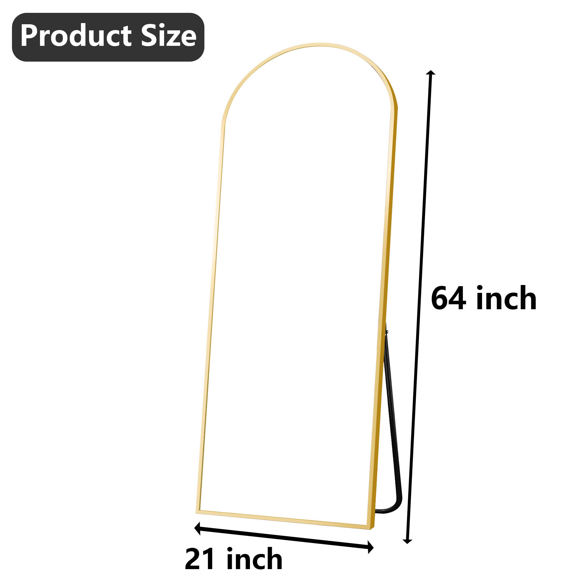 MAYEERTY 64x21in Aluminum Full-Length Mirror, Arch Shape Tempered Glass With Stand, Gold