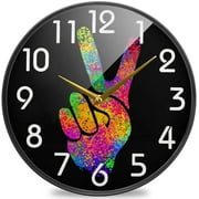 Wellsay Hippie Colors Two Fingers Victory Logo Round Wall Clock, 9.5 Inch Silent Battery Operated Quartz Analog Quiet Desk Clock for Home,Office,School