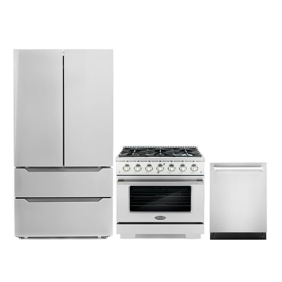 Cosmo 3 Piece Kitchen Appliance Packages with 36" Freestanding Gas Range Kitchen Stove 24" Built-in Fully Integrated Dishwasher & French Door Refrigerator Kitchen Appliance Bundles