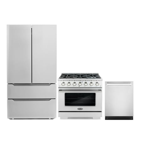Cosmo 3 Piece Kitchen Appliance Packages with 36  Freestanding Gas Range Kitchen Stove 24  Built-in Fully Integrated Dishwasher & French Door Refrigerator Kitchen Appliance Bundles