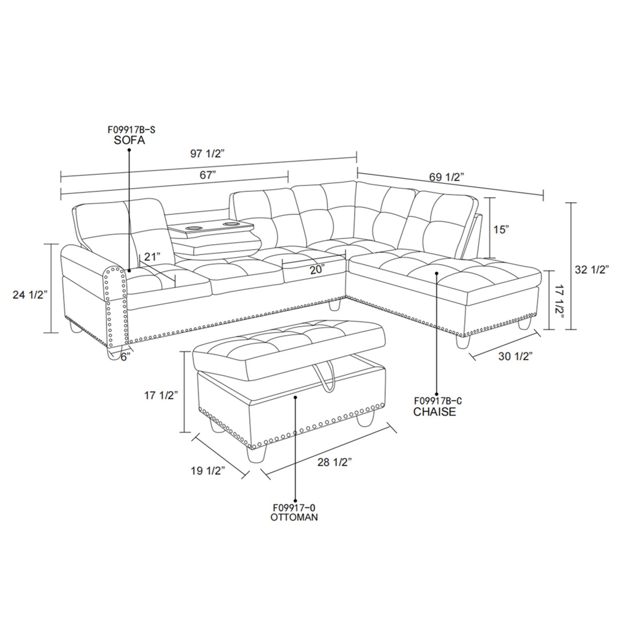 Aukfa 3 Piece Sofa Set, L shape Sectional Couch with Storage Ottoman&Cup Holder, Linen, Right Hand, Light Gray
