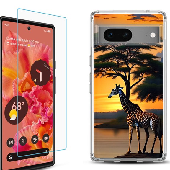 OneToughShield ® for Google Pixel 7a Shockproof Bumper Phone Case, with Tempered Glass Screen Protector - Giraffe Sunset