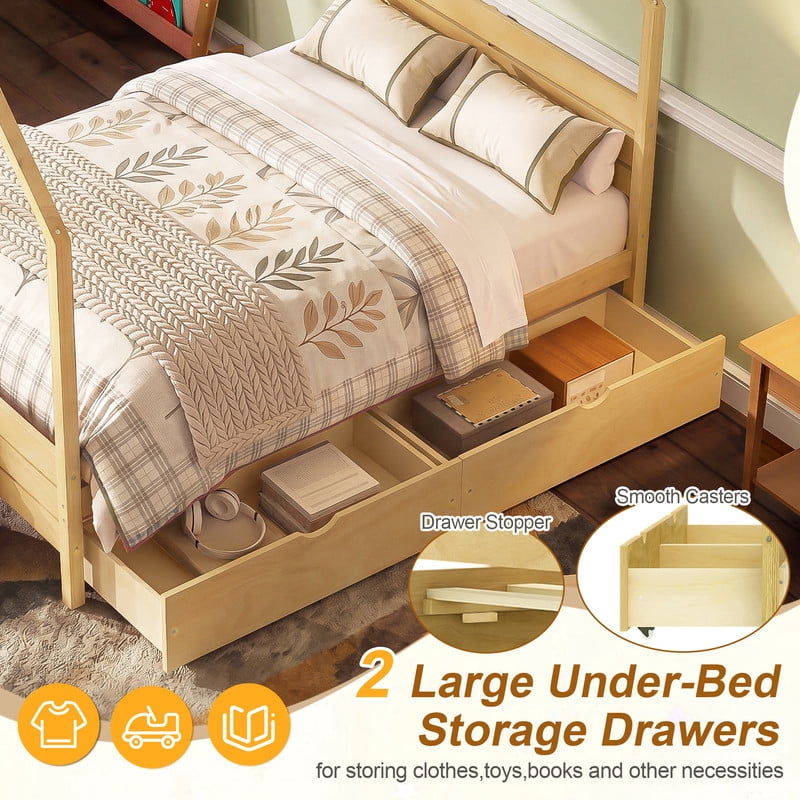 Full Size Kids House Bed Frame, Montessori Child Floor Bed with 2 Storage Drawers, Wooden Low Profile Platform Bed