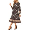 thumbnail image 4 of INSPIRE CHIC Robe Bohème pour Femme à Fleurs, Col Rond, Manches Longues, Robe Midi d'Été, S, Noir, 4 of 6
