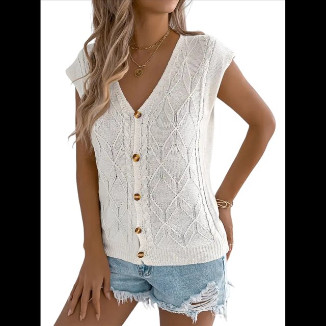 Suéter Tipo Cárdigan de Corta con Botones y Cuello en V para Mujer, Chaleco de Punto . XL