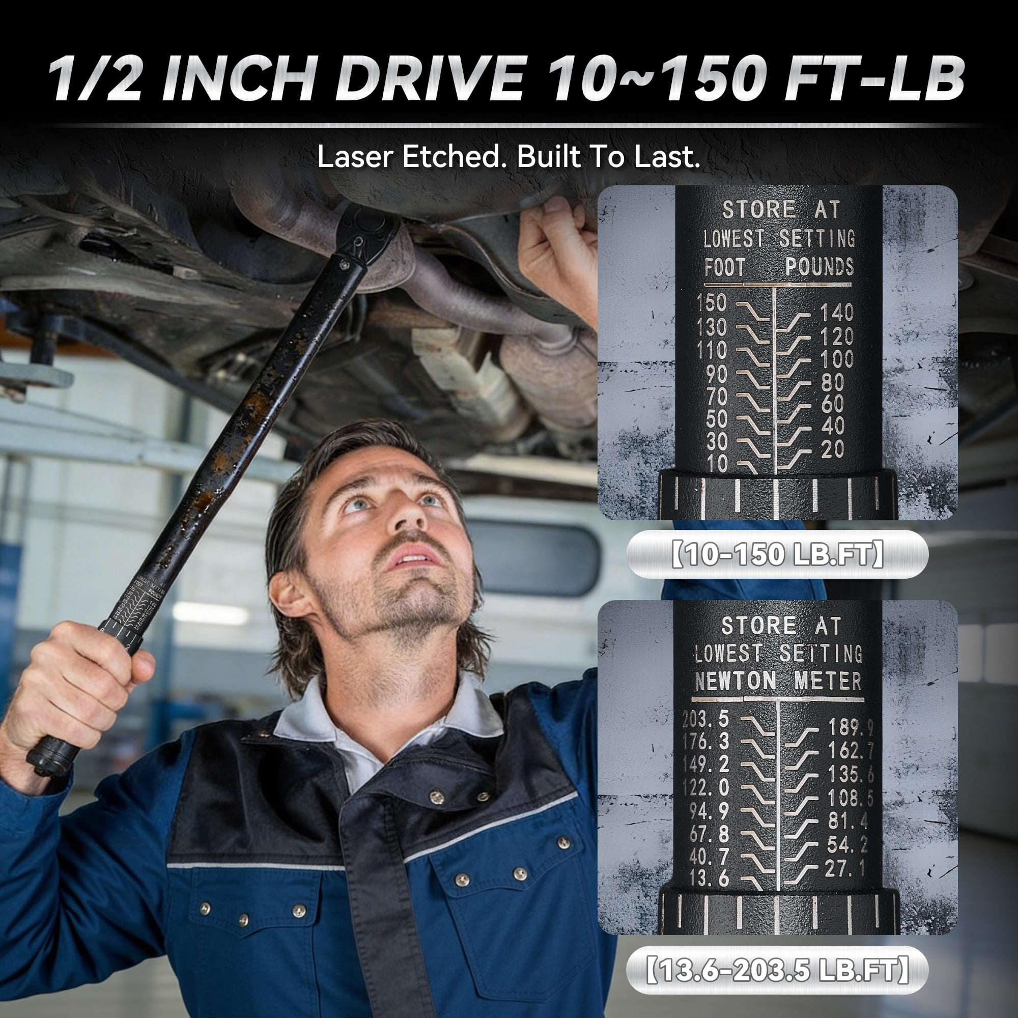 Heavy Duty 1/2-inch Drive Click Torque Wrench 10-150 ft.lb/13.6-203.5 Nm, Dual Range Scales, Includes Adapters and Extension Rod