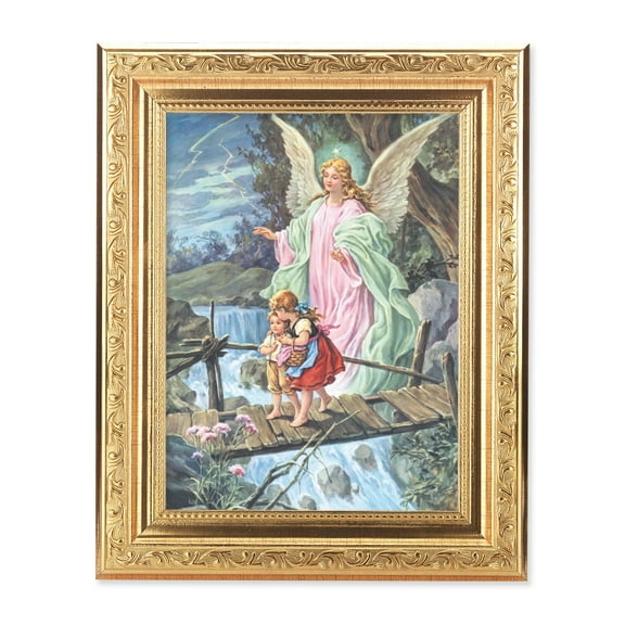 Guardian Angel Help Picture Framed Wall Art Decor Medium, Gold-Leaf Antique Finished Frame with Acanthus-Leaf Detail
