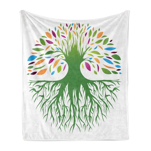 Tree of Life Soft Flannel Fleece Throw Blanket, Colorful Round Abstract Tree Life and Soul Eco Nature Design Image, Cozy Plush for Indoor and Outdoor Use, 50" x 60", Multicolor, by Ambesonne