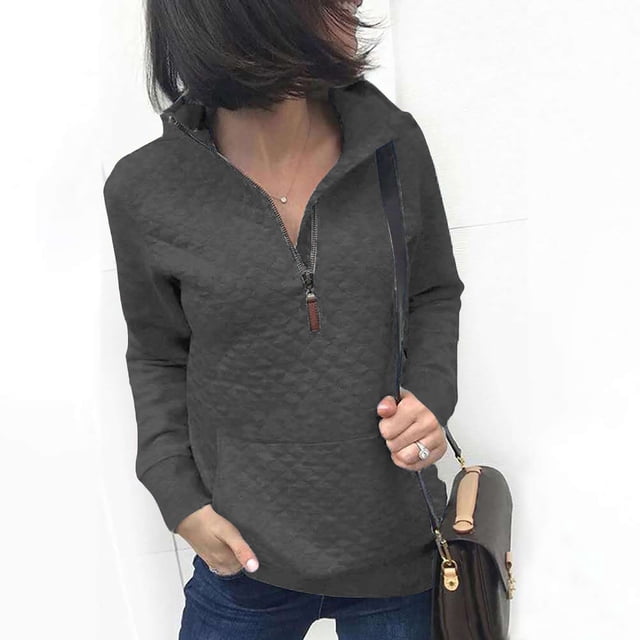 PEZHADA Chandails d'Automne pour Femmes Liquidation Femmes Demi-Glissière Chandails Courts Unis Col Rabattu Revers Vêtements Blouse Manches Longues Chandail à Enfiler Chemise Hauts Chandails Gris Foncé