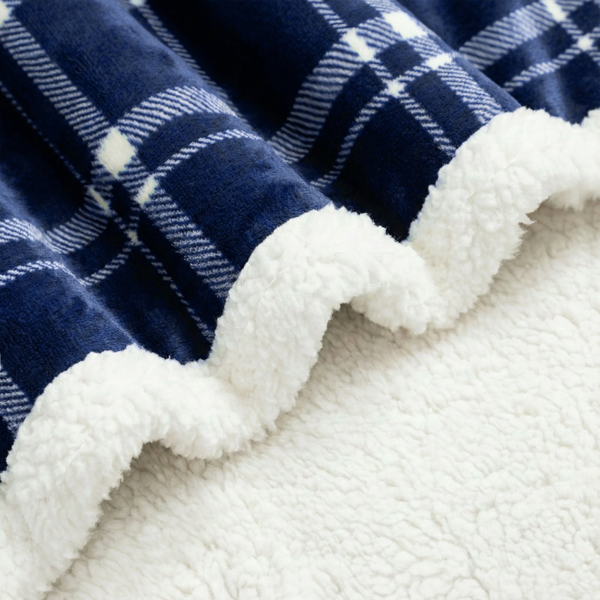 Americanflat Fleece and Reverse Sherpa Throw Blanket - 50x60 Inch Classic Tattersall Plaid - Ultra Soft Cozy Couch Cover - Warm Reversible Design - Blue