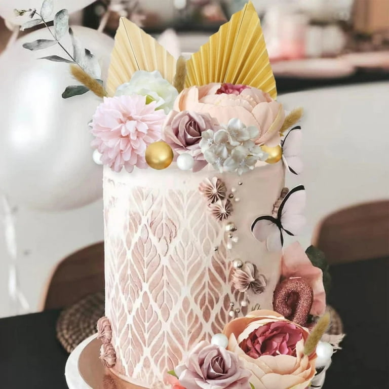 20 PCS Boho Cake Topper Blue BSL1 Flower Cake Toppers Flower Palm Leaves Faux Flowers Butterfly Balls Butterfly Cake Topper Decorations Baby Sho