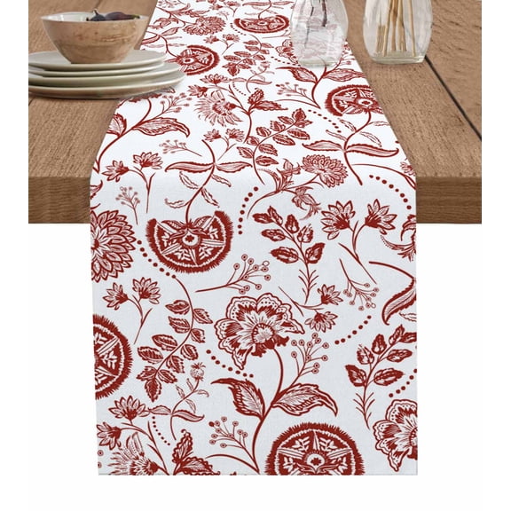 Boho Red Floral Burlap Cotton Table Runner 16x72 Inches Long, Vintage Farmhouse Paisley Plant Leaf Farmhouse Table Runners, Outdoor Dining Tablecloths Decor for Baby Shower/Party/Wedding