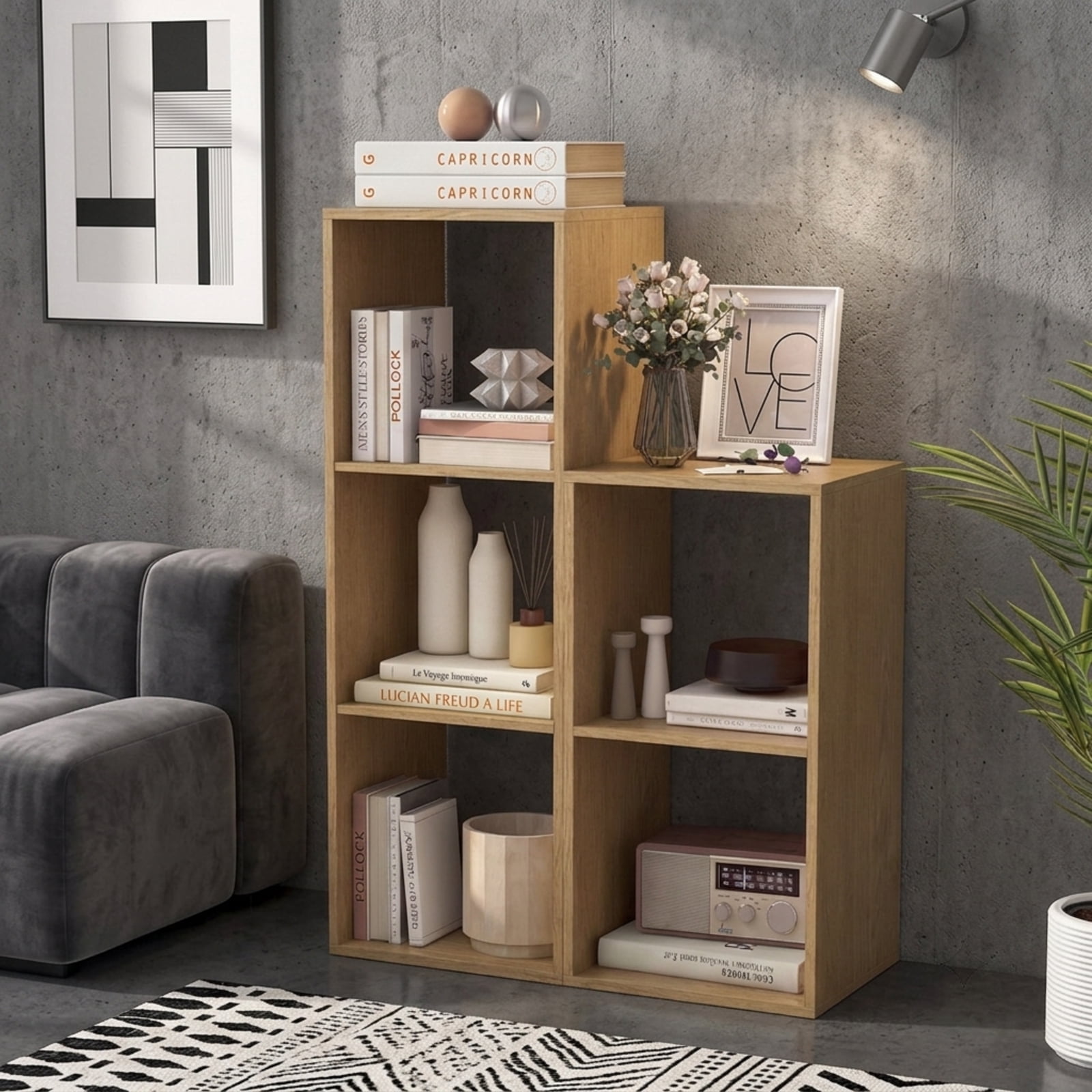 Furnibear 3-Cube Bookshelf with Back Guardrail Reinforced Crossbar and Anti-Tipping Kits for Living Room and Bedroom Books and Storage Boxes, Natural
