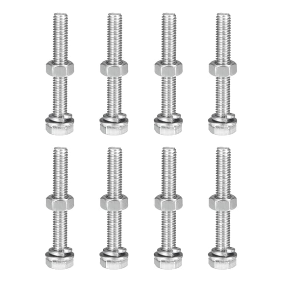 M6 x 50mm Hex Head Screws Bolts, Nuts, Flat & Lock Washers Kits, 304 Stainless Steel Fully Thread Hexagon Bolts 8 Sets