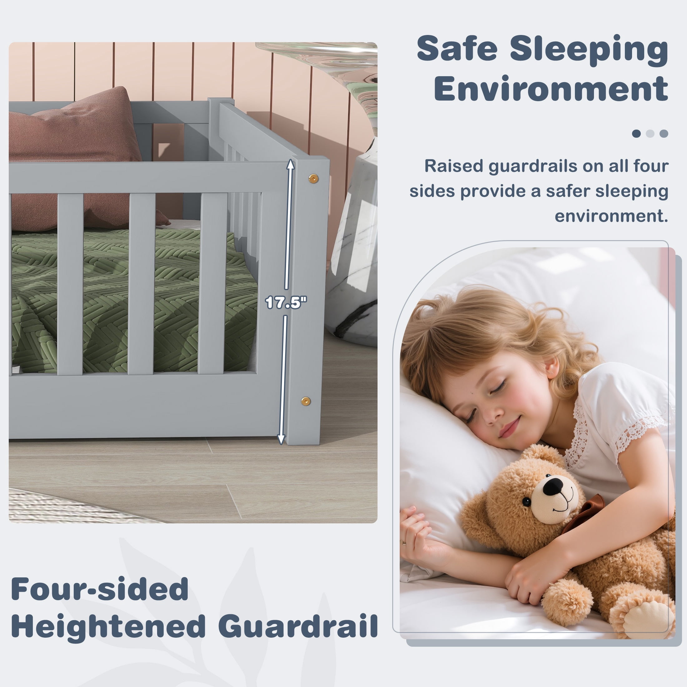 PORKISS Twin Floor Bed with Guardrails, Gray Montessori Floor Bed Frame for Kids, Wood Toddler Bed Frame with Slats, Low Profile Kids Bed, Open Entry, No Box Spring Needed