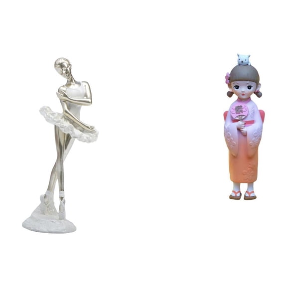 2 Pieces Ballet Girl Statue Japanese Kimono Doll Desktop Figurine Resin Craft for Table Bookshelf Home Display