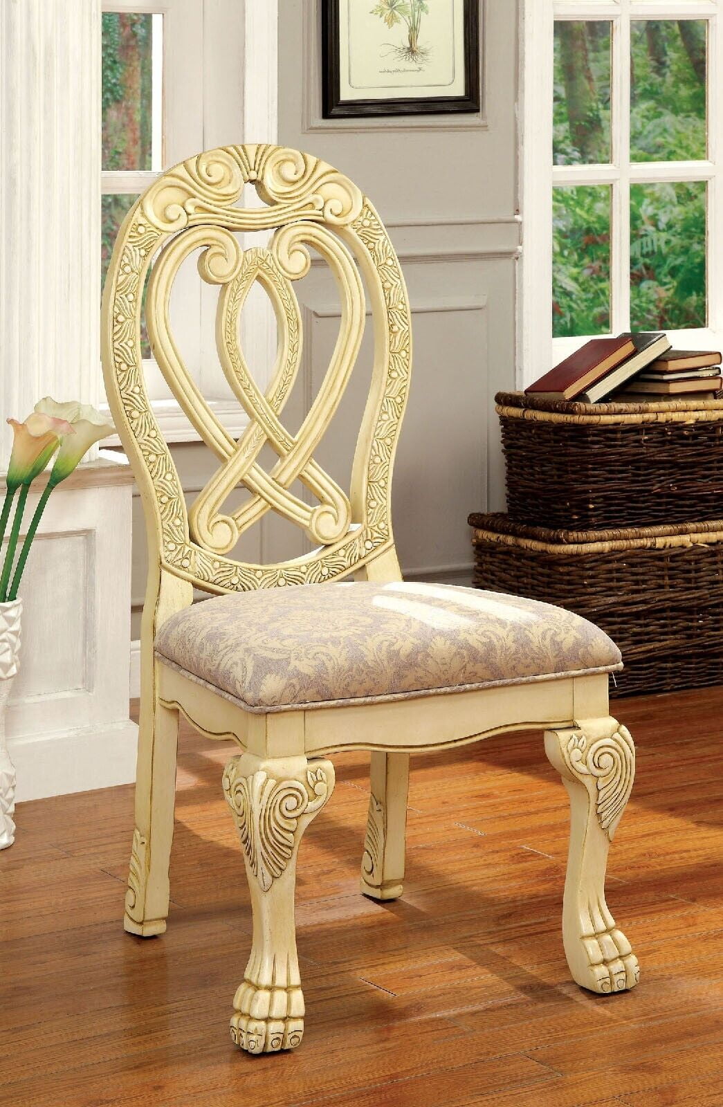 Set of 2 Side Chairs Traditional Formal Vintage White Solid wood