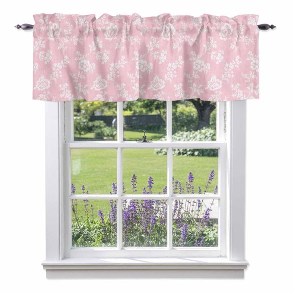 Seamless Flower Print Pink Valances for Windows,Kitchen Valance Rod Pocket Short Curtain, White Vintage Peony Blossom Valance Curtain Window Valances for Bedroom Bathroom Living Room