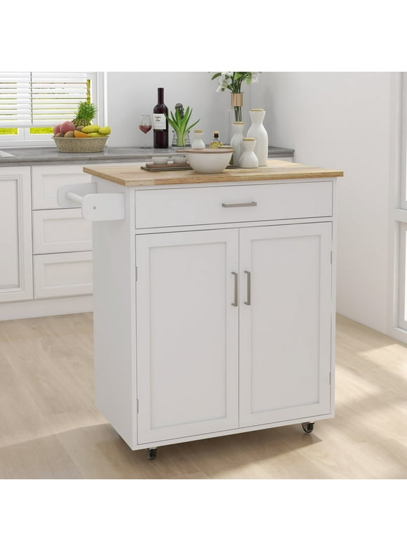 White Kitchen Island Rolling Trolley Cart - Rubber Wood Table Top, Towel Rack, Lockable Wheels, Multi-functional with Drawer & Door, Durable MDF, Ideal for Cooking & Storage, Easy Assembly