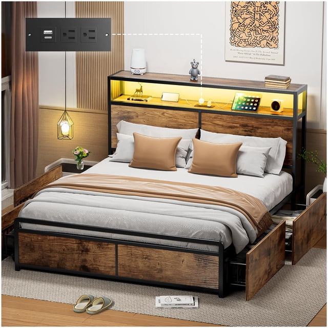 Marco de Cama Matrimonial con 4 Cajones – Cabecera con Luces LED, Puerto de Carga USB y Espacio de Almacenamiento, Base de Cama Fácil de Armar