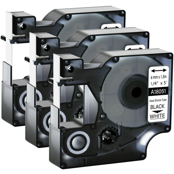 GREENCYCLE 3PK Industrial Rhino Heat Shrink Tubes Compatible for DYMO 18051 6mm 1/4" Black on White Cable Label Tape