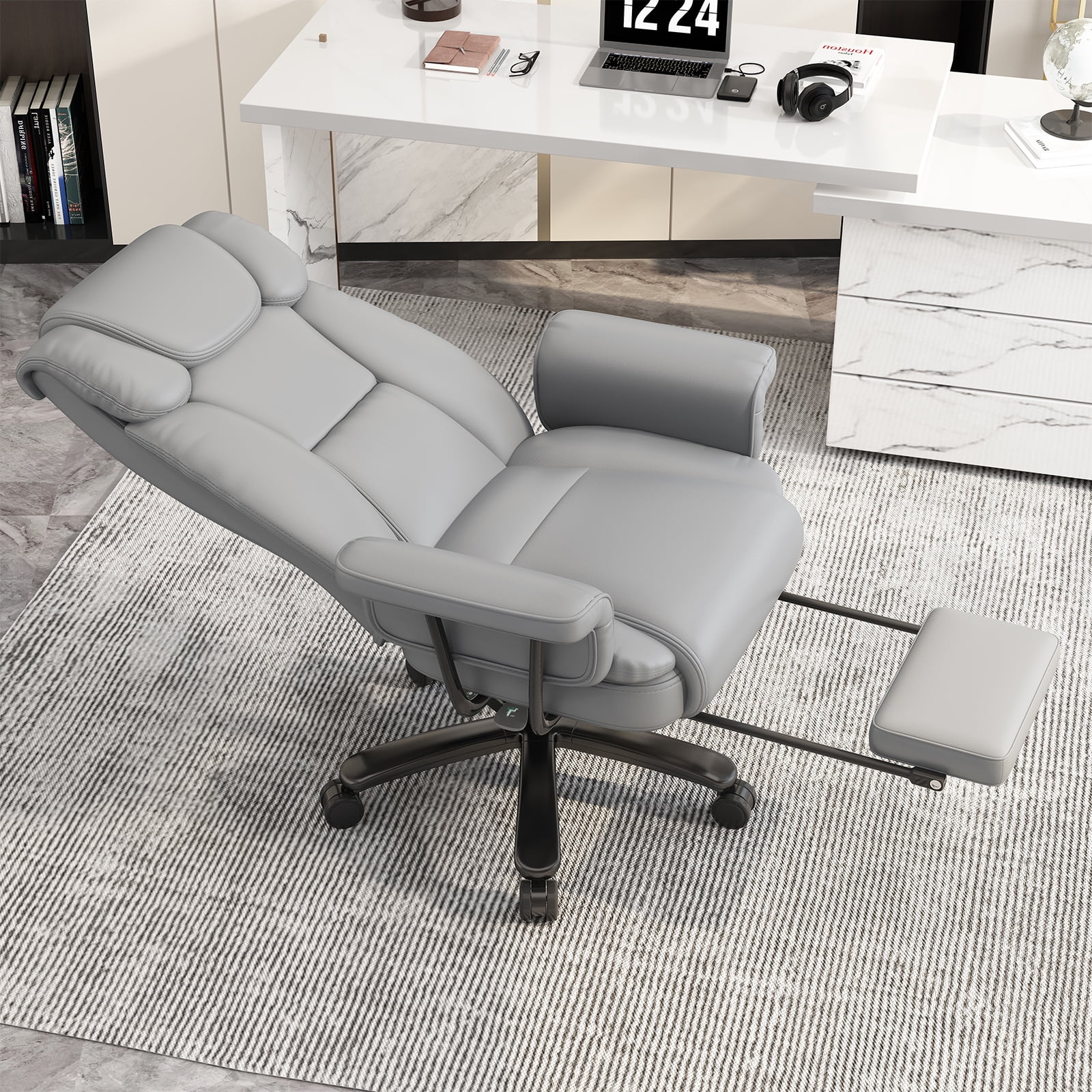 HomeZeer Big and Tall Office Chair with Footrest, 400 lbs Modern High Back Leather Office Chair, Reclining Wide Seat Ergonomic Executive Home Office Computer Desk Chair, Gray