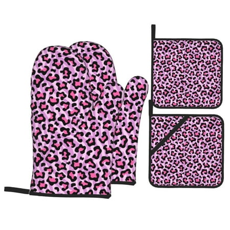 

Oven Mitts and Pot Holders Sets 4 pcs pink lilac Leopard Non-Slip Oven Gloves Potholders Soft Quilted Lining Heat Resistant Gloves Hot Pads for Kitchen Cooking Baking