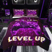 Feelyou 3D Neon Gamepad Queen Comforter Set for Boy, Dreamy Purple Square Abstract Bedding Sets, Game Level Up Reversible Bedding Comforter Set, Lightweight Room Decor, 3pcs