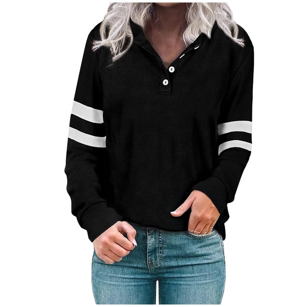 Moda Mujer Casual Rayas Estampado Manga Larga Buton V-Cuello Tops Blusa Pompotops gfhjh11479
