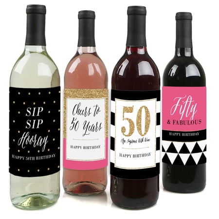 Big Dot of Happiness Chic 50th Birthday – Pink Black and Gold – Birthday Gift For Women – Wine Bottle Label Stickers – Set of 4
