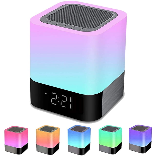KPR luces nocturnas altavoz Bluetooth, reloj despertador altavoz Bluetooth sensor táctil lámpara de noche regulable multicolor cambiante lámpara de noche, reproductor MP3, altavoz inalámbrico con luce