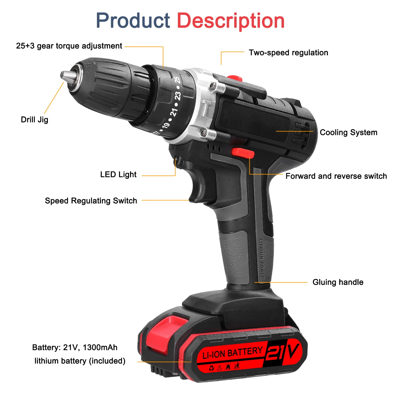 21V Cordless Power Drill Set, Electric Power Drill 24Pcs with 2 Lithium-ion Battery and Charger, 2-Speed Transmission For Screwdriving And Drilling,Black