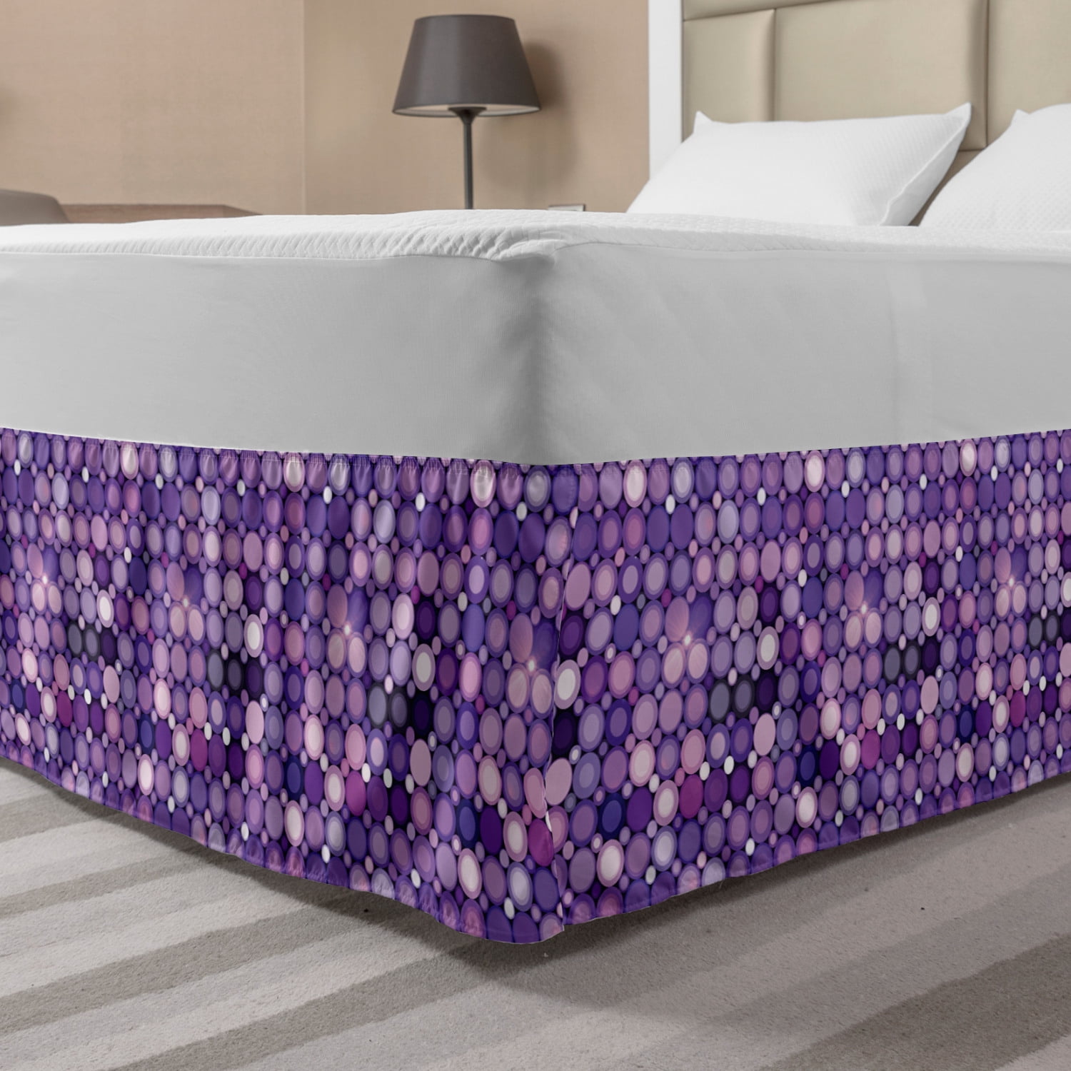 Modern Bed Skirt, Geometrical Violet Circles Round Disco Inspired