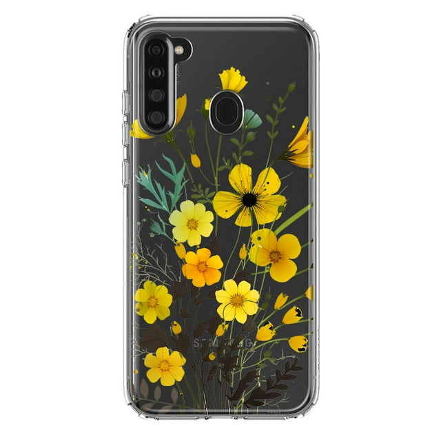 MUNDAZE Samsung Galaxy A21 Yellow Summer Flowers Floral Shockproof Clear Hybrid Protective Phone Case Cover
