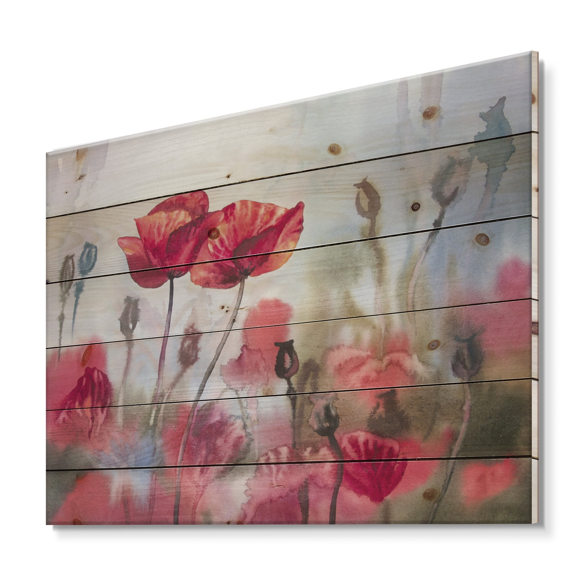 Designart 'Blossoming Red Poppies In The Meadow' Traditional Print on Natural Pine Wood