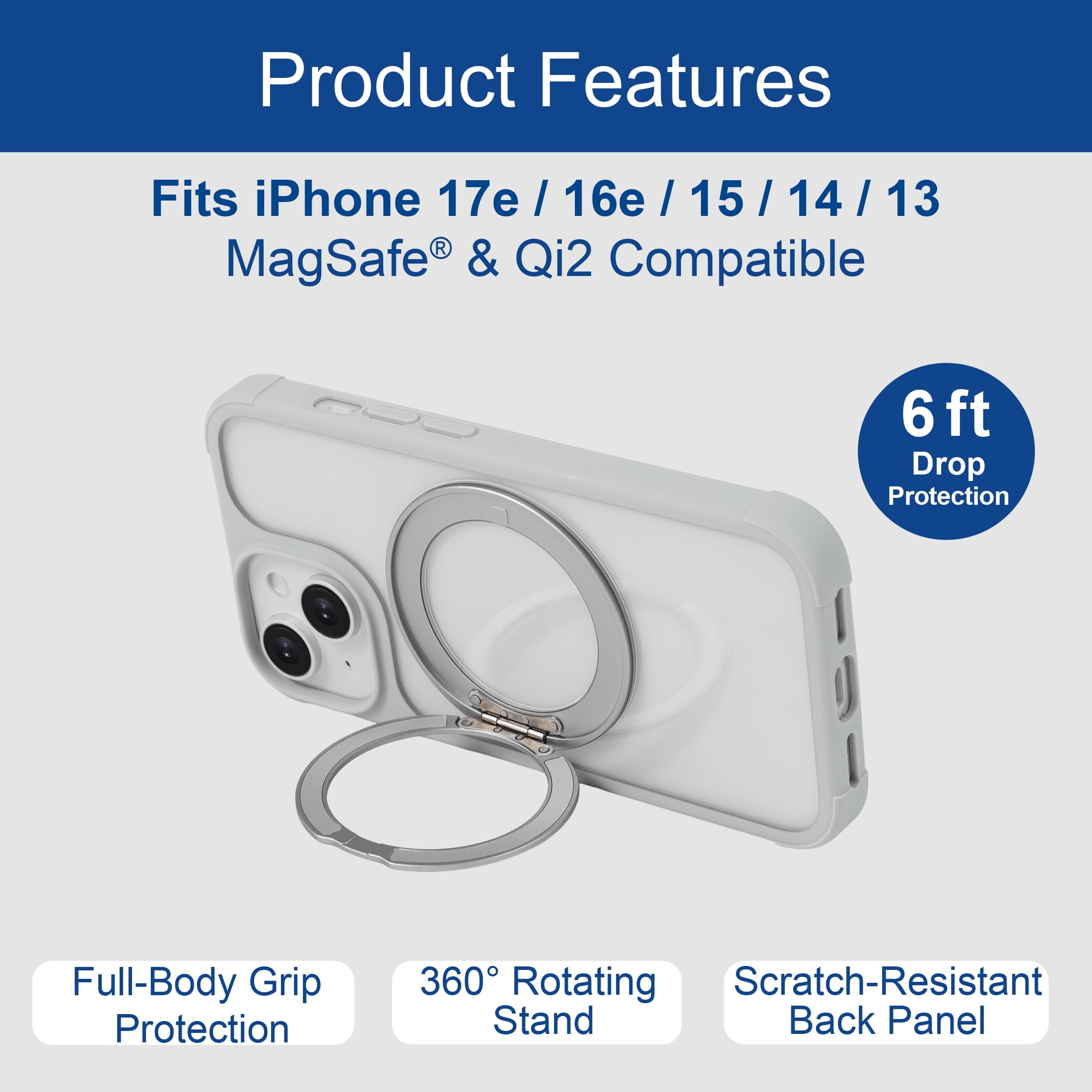 onn iPhone 13/14/15/16E/17E Bumper Phone Case with MagSafe & 360 Ring Kickstand, Clear