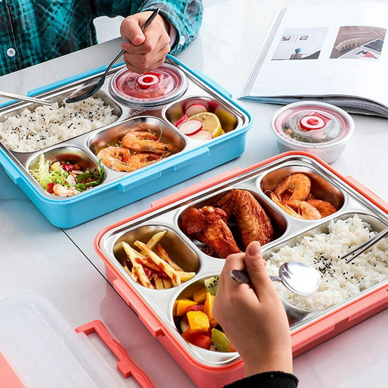 5 Compartments Lunch Box Stainless Steel Leak-Proof Bento Boxes Soup  Container School Dinnerware(Blue)