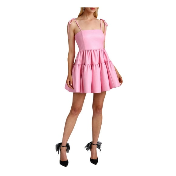 AVEC LES FILLES Womens Pink Faux Leather Zippered Lined Tiered Skirt Spaghetti Strap Square Neck Mini Party Fit + Flare Dress L