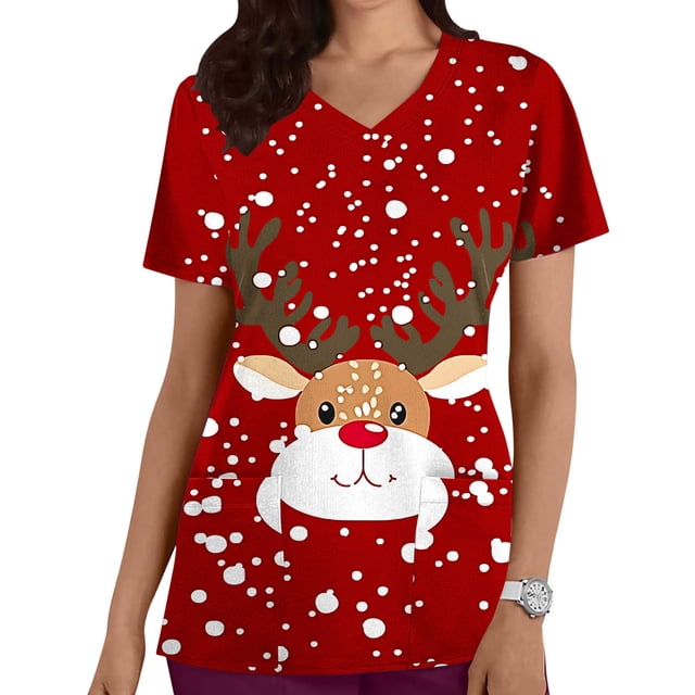 Fiudx Camisas para Mujer Top de Enfermera Informal con Cuello En V y Manga Corta con Bolsillo Estampado para Mujer