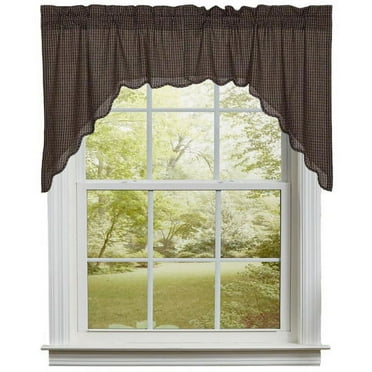 Primitive Swag Set Kettle Grove Plaid Black Tan Scalloped Kitchen Window Curtains TCC Brands